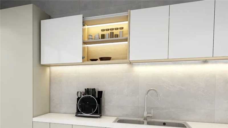 Armário aéreo de cozinha com porta de correr coplanar aberta
