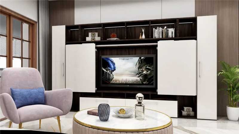 Painel de TV com portas de correr coplanares fechadas no mesmo plano